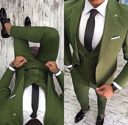 New High Quality One Button Olive Green Groom Tuxedos Peak Lapel Groomsmen Best Man Suits Mens Wedding Suits (Jacket+Pants+Vest+Tie) 668