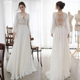 Stylish Lace Backless Beach Wedding Dresses Deep V Neck Long Sleeves Bridal Gowns A Line Floor Length Chiffon robe de mariée
