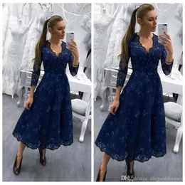 Lace Sexy V-Neck Tea Length Prom Dresses Long Sleeves Short Formal Special Ocn Evening Party Gowns Modest Vestidos 0420