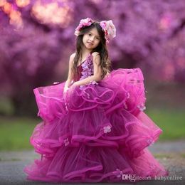 Cute Fuchsia Beautiful Tier Layer Ruffles Flower Girl Dresses Halter Neck Flowers Formal Pagenat Dress For Teens kids prom dress robe