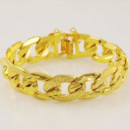 15mm Thich Mens Wristband Chain 18K Yellow Gold Filled Carved Curb Bracelet Solid Fashion Male Jewellery Gift