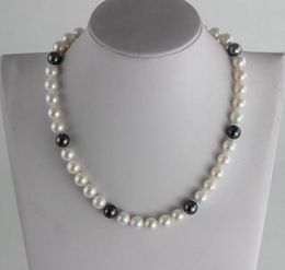 Hot sell Qili pearl 9-10mm white black Mix colour natural pearl necklace 17 inch 925 silver clasp