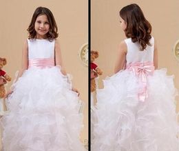 Custom Made Princess White Jewel Flower Girl Dresses Ruffles A-Line Satin and Organza Floor-Length Girl Dress for Wedding Party Gowns