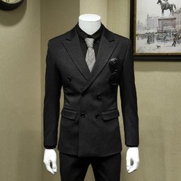 Siyah Çift Breasted Büro Çalışma Man İş Suit Tepe Yaka Erkek Ceket Pantolon 2 Adet Suit Damat Smokin (Ceket + Pantolon + Vest + Tie) D: 193