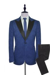 Newest Men Suits Navy Blue Pattern with Black Groom Tuxedos Peak Satin Lapel Groomsmen Wedding Best Man 2 Pieces ( Jacket+Pants+Tie ) L496