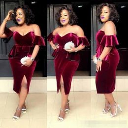 Burgundy Cocktail Prom Dresses 2019 Sexy Off-Shoulder Open Back Split Velvet Formal Gowns Short Mini Dress for Party Wear