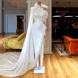 Middle East Women White Feather Prom Dresses With Wrap One Shoulder Beading Sequins Celebrity Party Gowns Dubai Evening Dress High Low