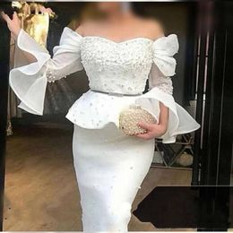 White Long Sleeve Evening Dresses Party Wear 2019 Pearls Beaded Prom Gowns Robe de soiree Formal dress