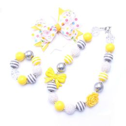 Yellow Colour Bow Necklace&Bracelet Headband 3PCS Set Birthday Party Gift Toddlers Girls Bubblegum Baby Kid Chunky Necklace Jewellery