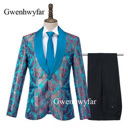 Gwenhwyfar 2020 New Horn Jacquard Men Tuxedos Peacock Blue Suits for Groom Best Wedding Suit Party Men Wear Suits (Blazer+Pants)