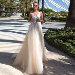 Boho Wedding Dress Appliques & Tulle A-Line V-neck Sleeveless Princess Bride Gowns Vestido De Noiva