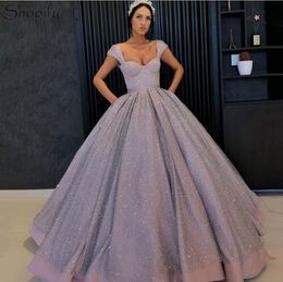 Puffy Long Evening Dresses sweetheart with pockets 2018 Ball Gown Cap Sleeve Sparkly Sequin Arabic Style Women Formal Evening Gowns