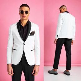 Hot Sale White Mens Wedding Tuxedos 2 Pieces Shawl Lapel One Button Groom Wear Prom Party Blazer Jacket (Jacket+Pants)