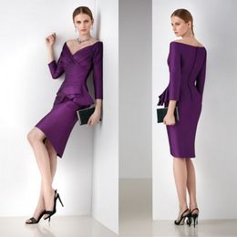 Elegant Purple Mother Of Bride Dresses Sheath Long Sleeve Ruched Formal Evening Gowns Knee Length Plus Size Prom Dresses