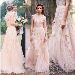 2019 Blush Vintage Full Lace Wedding Dresses Plunging V-neck Ruffles Bridal Gown Cap Sleeves Reem Acra Vestio De Maraiage Bridal Gowns 1368