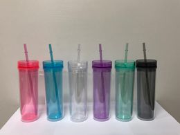 16oz Skinny Tumblers Acrylic Skinny Cup Double Wall Clear Plastic Drinking Cup BPA free Straw Acrylic Water Bottle Outdoor Sports Cup A02