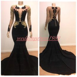 Hot Long Sleeve 2k19 Prom Dresses Mermaid Illusion Sheer Gold Applique African Party Evening Gowns Robe De Soiree Special Occasion