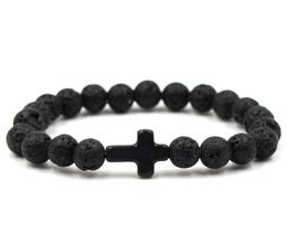 Trendy Jesus Cross Charm Blue Turquoises Men Bracelet Black Lava Stone 8mm White Beads Bracelets Bangles for Women Yoga Jewellery GB879