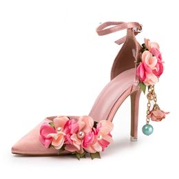 Flowers Sandals Pearls Tassel Special Design Beautiful Sweety Girls High Heels Thin 9cm Pink Princess Dress Shoes Lovely Bride