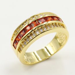 Finger ring for Men Vintage Fashion Jewellery 10KT Gold Fill Princess Cut Red Garnet Gemstones Party Wedding Band Ring for Men Gift Size 8-12