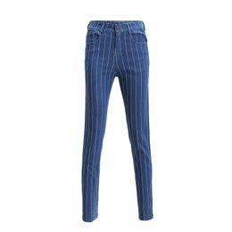 2019 Spring Women Clothing Dark Blue Streetwear Casual High Waist Button Vertical Striped Jeans Pants Femme