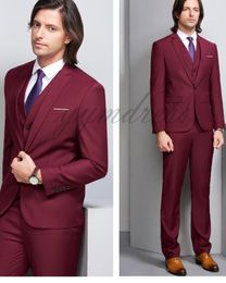 Burgundy Groom Tuxedos Groomsmen Custom Made Notched Lapel Back Vent Best Man Suit For Wedding Bridegroom (Jacket+Pants+Tie+Vest)