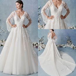 White A Line Wedding Dresses V Neck Long Sleeve Applique Tulle Lace Ruched Backless Wedding Gown Sweep Train robe de mariée