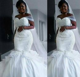 Nigerian Mermaid Wedding Dresses Off The Shoulder Sweep Train Tired Organza Ruffle Crystal Ruched Plus Size Bridal Gowns