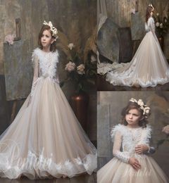 Lovely A Line Flower Girl Dresses Jewel Long Sleeve Backless Lace Applique Feather Crystal Pageant Dress Floor Length Girl S Birthday Party