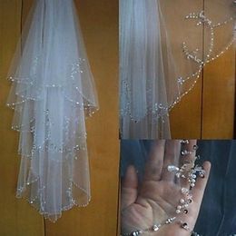 New Designer Elegant Luxury High Quality In Stock Real Picture Three Layer Beaded Edge Wedding Veils White Ivory Fingertip Length Alloy Comb