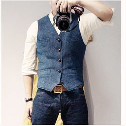 2020 Blue Groom Vests Attire For Wedding Bestmen Wool Herringbone Tweed Custom Made Slim Fit Mens Suit Vest Farm Prom Dress Waistcoat