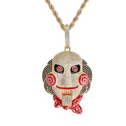 Iced Out Large Size 6ix9ine Mask Doll Pendant Necklace Mouth Can Be Moved Gold Silver Plated Micro Paved Zircon Men Jewellery 5702