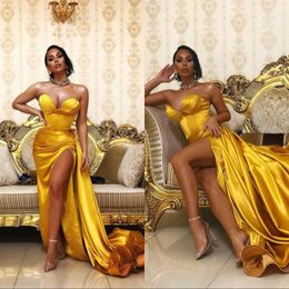 Prom Party Dress Gold Sweetheart Satin Long Evening Gown Sexy High Slit Dubai Formal Ocn Dresses Robe Vestito Lungo