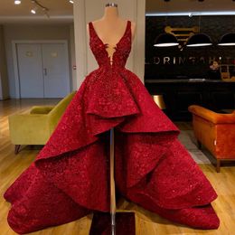 Fashion High Low Beaded Prom Dresses Deep V Neck Sequined Lace Evening Gowns A Line Plus Size Sweep Train Formal Dress 407