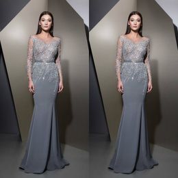 2019 Ziad Nakad Prom Dresses Jewel Neck Long Sleeve Lace Sequins Crystal Mermaid Evening Dress Floor Length Special Occasion Gowns