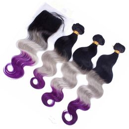 Black Roots Grey Purple Ombre Brazilian Hair Bundles with 4x4 Lace Closure Body Wave #1B/Grey/Purple 3Tone Ombre Human Hair Weave Wefts