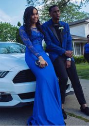 Royal Blue Long Sleeves African Prom Evening Dresses Mermaid 2020 Sheer Jewel See Though Back Special Occasion Dress Homecoming Party Dress