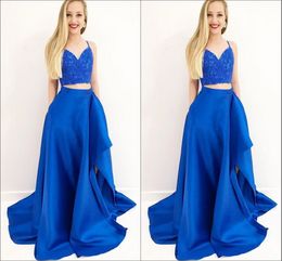 2019 Royal Blue Prom Dress Two Piece Asymmetrical Train Spaghetti V-neck Lace Satin Evening Gowns Robes De Cocktail Formal Dress Cheap