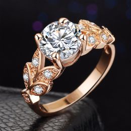 Hot Crystal Silvery Women Leaf Engagement Rings Zircon Cubic Graceful Girls White Rose Golden Ring