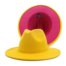 Outer Yellow Inner Pink Patchwork Jazz Felt Hat Women Men Wide Brim Panama Fedora Hats with Felt Band Trilby Cap256w