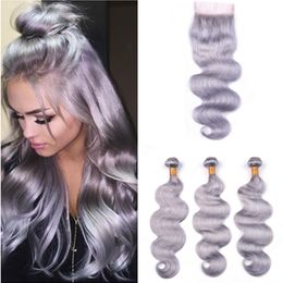 Pure Grey Peruvian Hair Bundles with Closure Silver Grey Body Wave Human Hair Weaves 3Bundles with Lace Closure 4x4 Grey Colour Hair Wefts