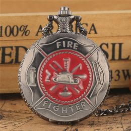 Grey Red Fire Fighter Symbol Carving Pocket Watch Steampunk Firefighter Cover Quartz Watches Fireman Pendant Necklace Chain