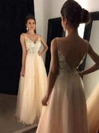 Champagne deep V Neck Prom Dresses Appliques Tulle Sleeveless Floor Length graduation A-line Backless Formal Party Long Evening Gowns
