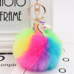 MOQ:10PCS Girls Fashion Jewelry Party Favors Keychains Rainbow Cute Unicorn Fluffy Balls Key Ring Baby Shower For Women Bags