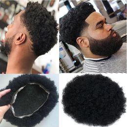 Men Hair System Wig Mens Hairpieces Afro Curl Full Lace Toupee Jet Black #1 Malaysian Virgin Remy Human Hair Replacement for Black Men