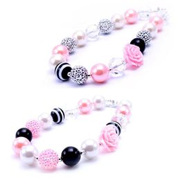 Newest Design Pink+Black Flower Necklace Birthday Party Gift For Toddlers Girls Beaded Bubblegum Baby Kids Chunky Necklace Jewellery