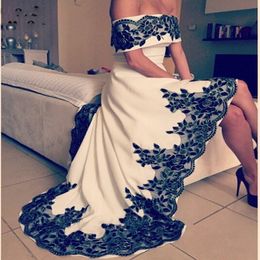 2019 Evening Dresses vestidos de fiesta Dubai Arbaic High Low Long Boat Neck Evening Pageant Dress With Black Appliques Beaded