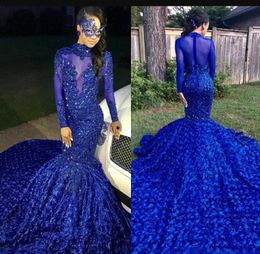 Luxury Long Tail Royal Blue 2019 Black Girls Mermaid Prom Dresses High Neck Long Sleeves Beaded Handmade Flowers Evening Party Gowns