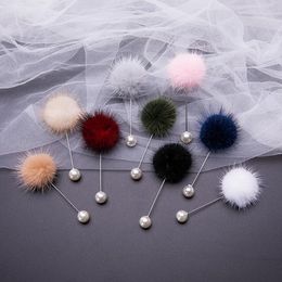 New rabbit ears plug-in long brooch real mink hair fur ball brooch pins for women Korean handmade boutonniere stick pin lapel brooches col