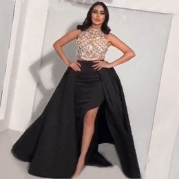 Chic Black Beaded Arabic Evening Dresses High Neck Mermaid Side Split Prom Gowns With Detachable Train Satin Plus Size Formal Dress